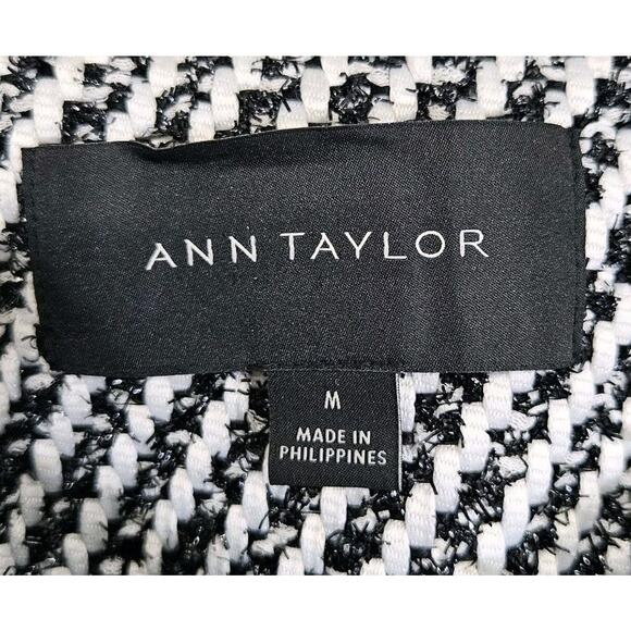 Ann Taylor Black White Silver Striped Tweed Round Neck Lined Dress Coat Medium - Picture 8 of 11